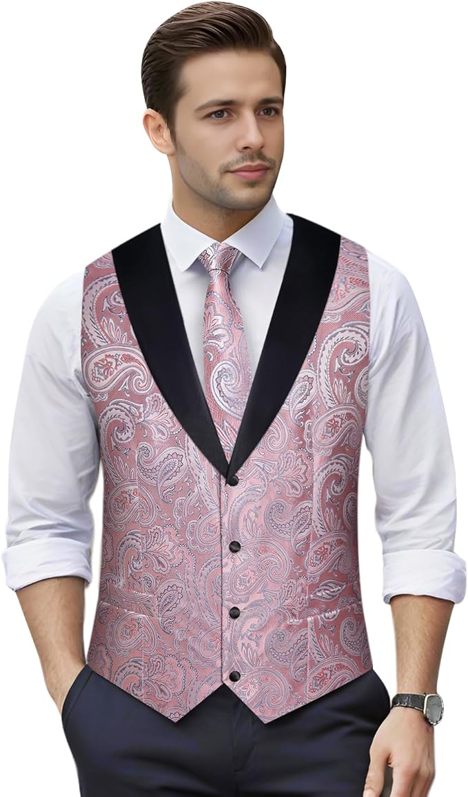 DiBanGu Mens Paisley Suit Vest Silk Jacquard Waistcoat and Necktie Set Formal Shawl Collar Dress Vest 7PCS for Wedding Party