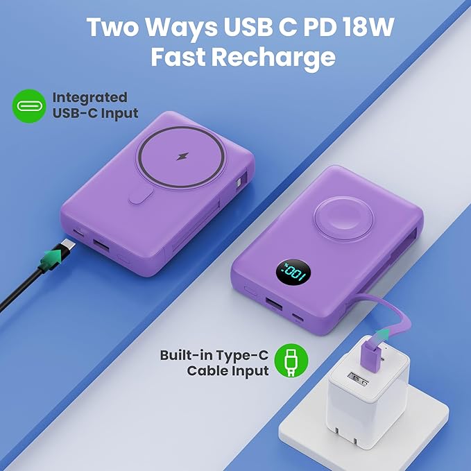 Magnetic Portable Charger for iPhone with Built-in Cables,6-in-1 10800mAh Power Bank with iWatch Charger & LCD Display,25W Fast Charging Battery Pack for iPhone 17/16/15/14/13/12,Apple Watch (Purple)