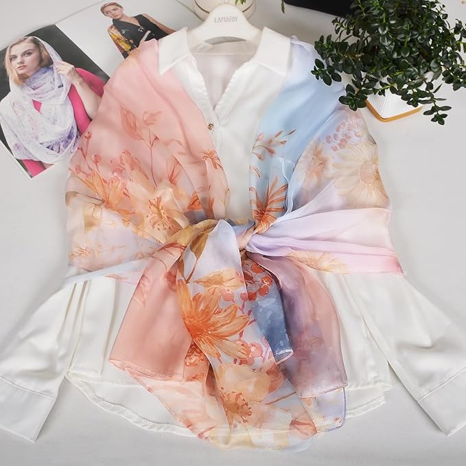100% Mulberry Silk Women's Neck Silk Scarf-Lightweight Shawl,FLoral Print Beach Silk Wrap-Scarves for Photography