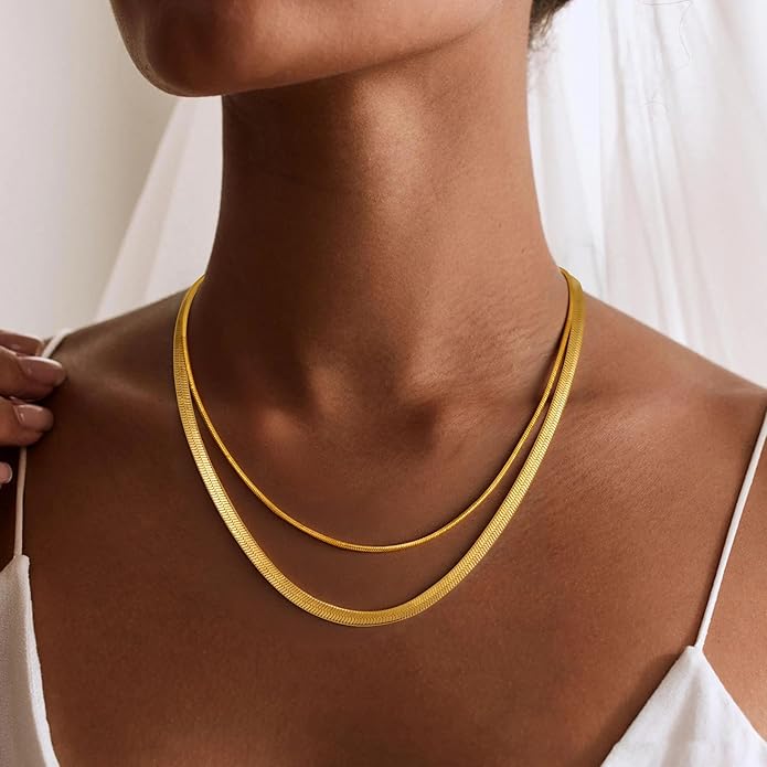 Gold Necklace for Women, 18K Gold Plated Layered Herringbone Necklace Choker Chain Necklaces Dainty Gold Necklaces Waterproof Jewelry for Women Non Tarnish