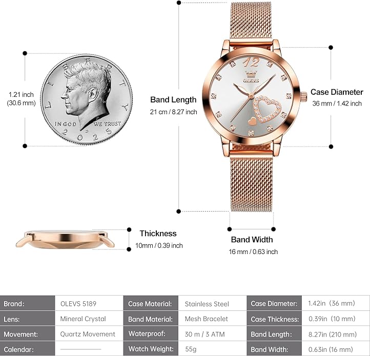 OLEVS Women's Small Wrist Rose Gold Tone Watch - Cute Diamond Heart Arabic Numerals Dial, Fashion Waterproof Mesh Bracelet Analog Dress for Ladies