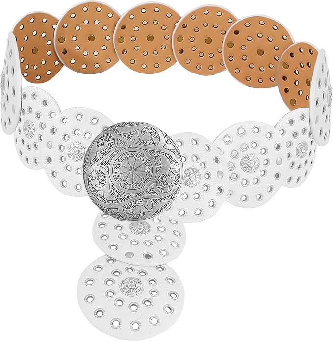 Hollow Wide Disc Belt for Women Concho Leather Metal Buckle Boho Belt Cowgirl Vintage Western Chunky Waist Belts