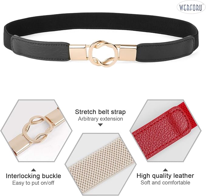 WERFORU Women Skinny Belt for Dresses Retro Stretch Waist Belt with Gold Buckle Set of 4