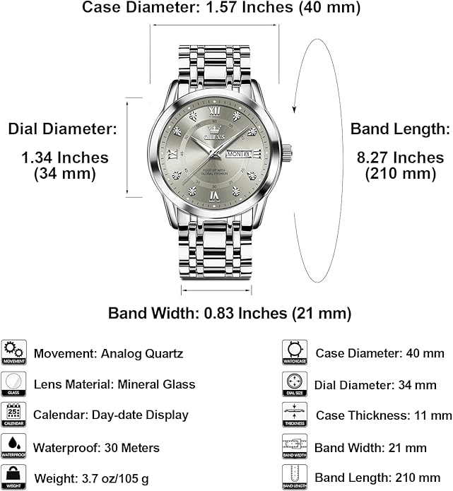 OLEVS Men's Stainless Steel Watch, Large Face Roman Numerals Diamond Accented Three-Hand Analog Quartz Watches for Men, Easy to Read Day Date Waterproof Luminous Mens Wristwatch