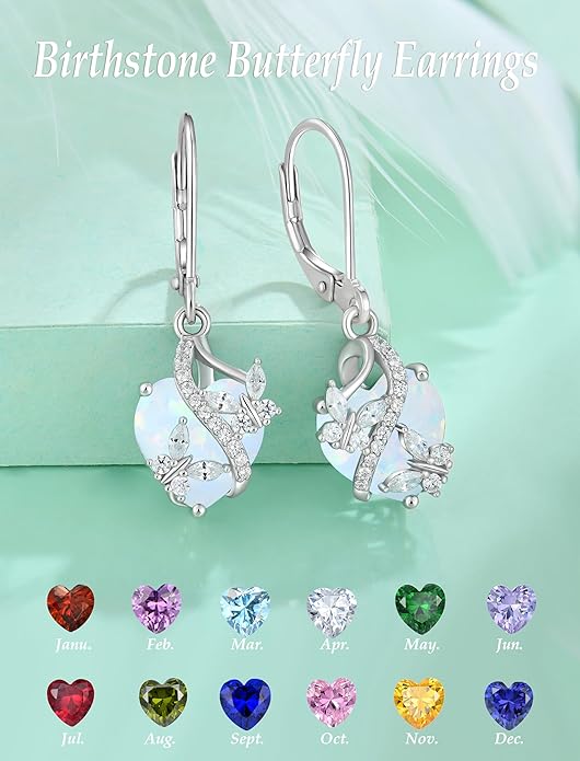 Butterfly Earrings for Women 925 Sterling Silver Heart Earring Birthstone Jewelry