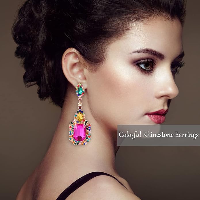 Vintage Rhinestone Dangle Statement Earrings Colorful Long Crystal Dangling Drop Earring for Women Formal Wedding Prom