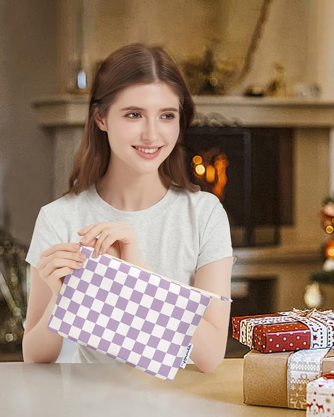 Narwey Small Checkered Makeup Bag for Purse Small Cosmetic Bag Women Travel Makeup Pouch Zipper Pouch (Purple Checkerboard)
