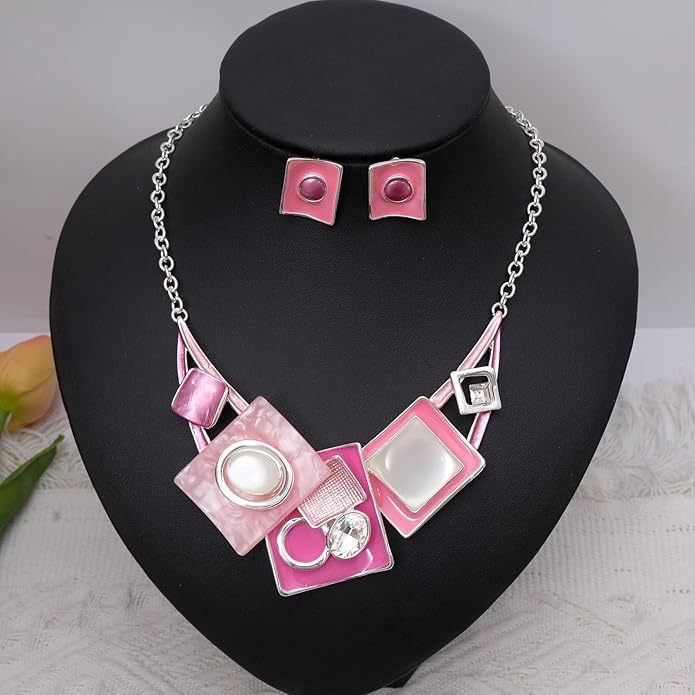 CSY Fashion Boho Oval Crystal Opals Statement Bib Necklace Earrings Bohemian Enamel Costume Jewelry Set Gifts for Women