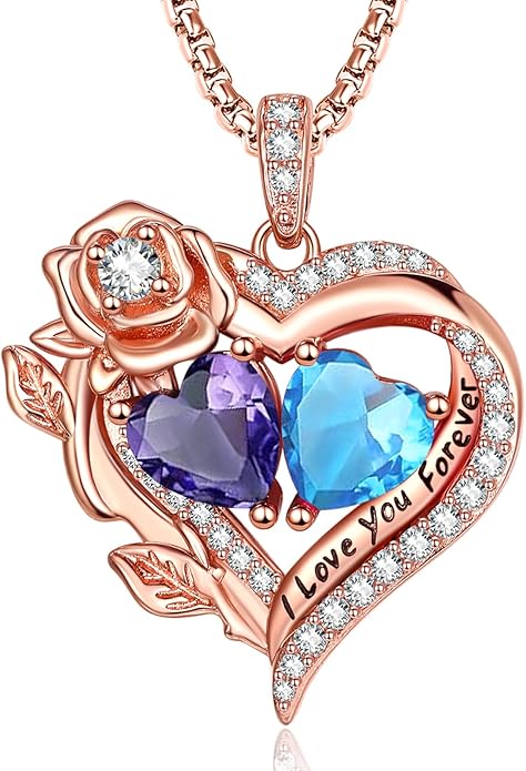 Rose Heart Necklaces for Women, Rose Gold Forever Love Jewelry with 2 Birthstones Pendant, Christmas Anniversarry Birthday Gifts for Her Wife Mom Grandma, 18+2 Inch Chain