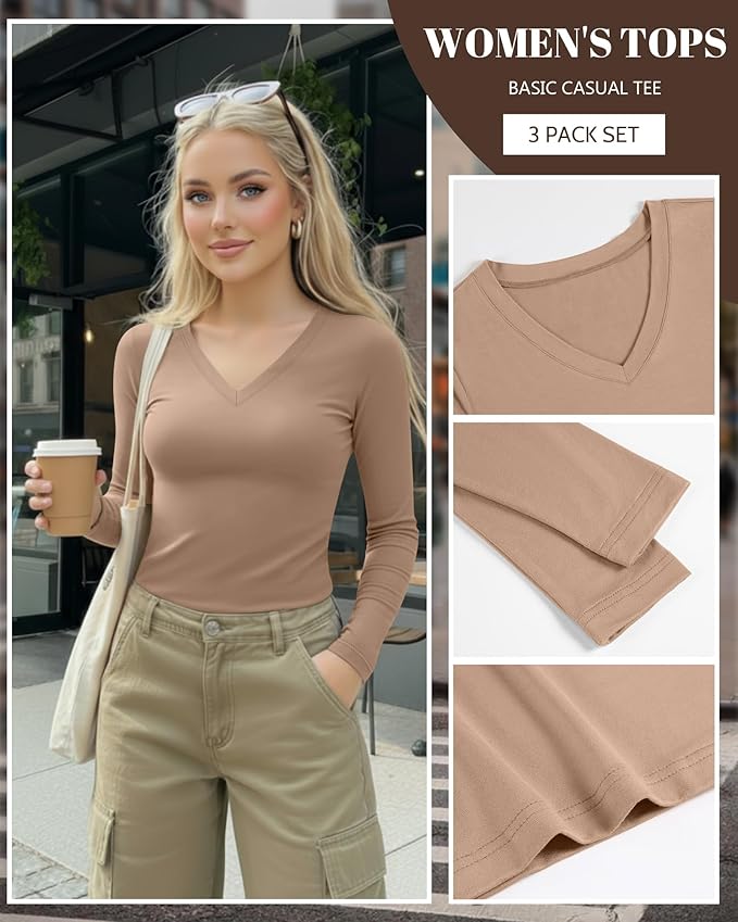 Ficerd 3 Pack Women's Long Sleeve Shirts, V Neck Basic Tees Slim Fitted Casual Fall Tops Going Out Blouses T Shirts