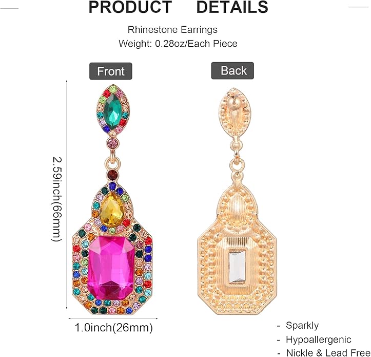 Vintage Rhinestone Dangle Statement Earrings Colorful Long Crystal Dangling Drop Earring for Women Formal Wedding Prom