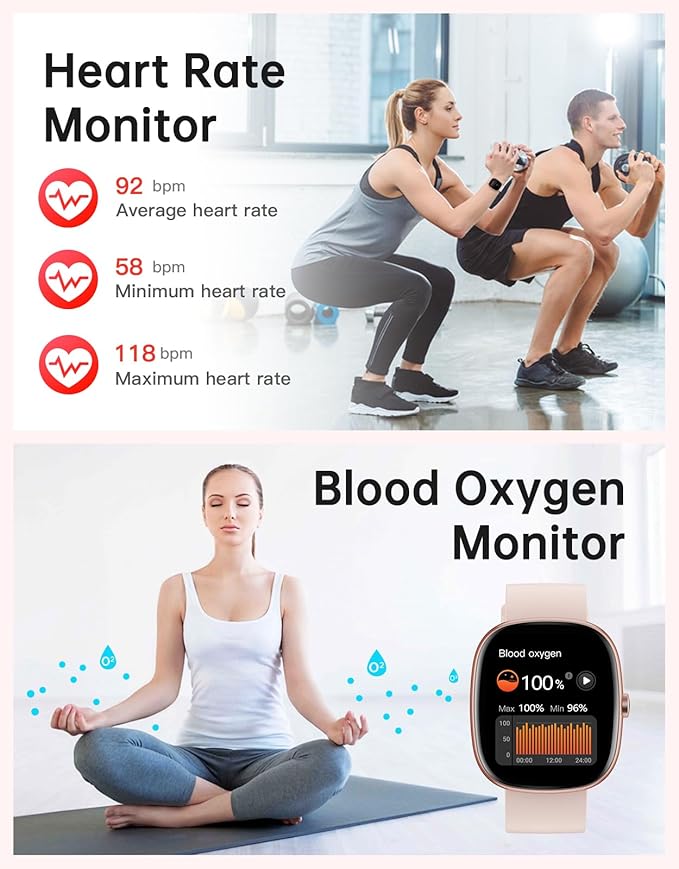 HUAKUA Smart Watches for Women Men (Answer/Make Calls), 1,85" HD Smart Watch for iPhone/Android Phones, Fitness Tracker with 100+ Sport Heart Rate/Sleep Monitor Pedometer Waterproof (Pink)