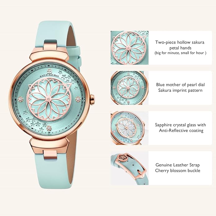 Women Watches Cherry Blossom Women's Watch Mother of Pearl Dial Ladies Watch with Leather Strap Sakura Petal Shape Cherry Blossom Watches for Women Sapphire Crystal Glass for Durability and Clarity