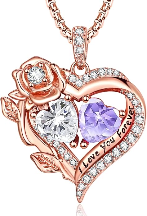 Rose Heart Necklaces for Women, Rose Gold Forever Love Jewelry with 2 Birthstones Pendant, Christmas Anniversarry Birthday Gifts for Her Wife Mom Grandma, 18+2 Inch Chain