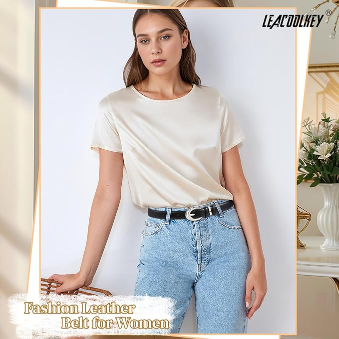 2 Pack Women Leather Belts for Jeans Dress Fashion Ladies Belt with Gold Silver Buckle