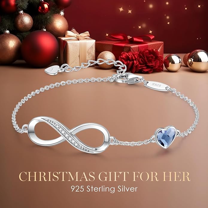 CDE Infinity Heart Birthstone Charm Link Bracelet for Women 925 Sterling Silver Adjustable Mother's Day Christmas Day Gift Anniversary Birthday Jewelry for Wife Girlfriend Her