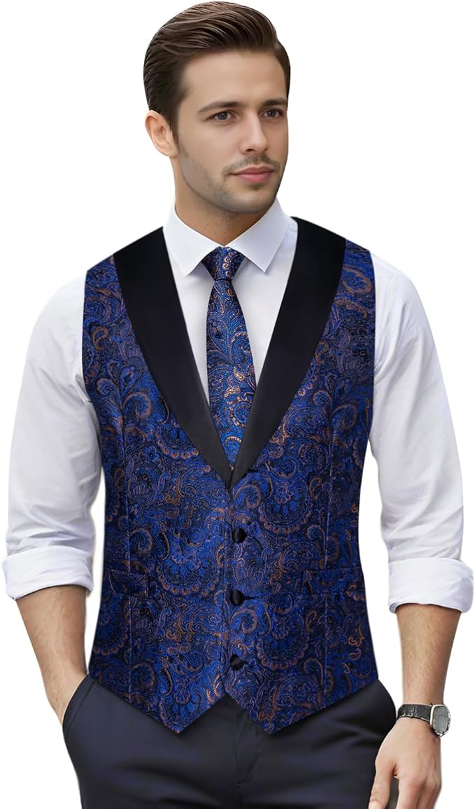 DiBanGu Mens Paisley Suit Vest Silk Jacquard Waistcoat and Necktie Set Formal Shawl Collar Dress Vest 7PCS for Wedding Party