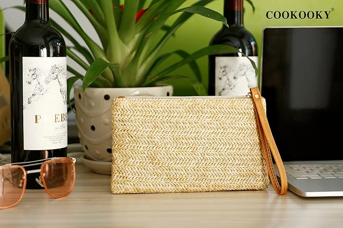 COOKOOKY Womens Straw Clutch Bag Bohemian Summer Beach Straw Purse Zipper Wristlet Wallets for Women