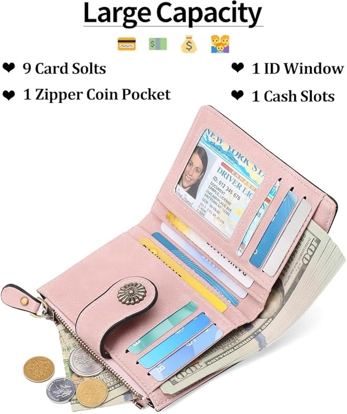 Premium Slim Genuine Leather Bifold Wallet for Women with Advanced RFID Blocking Technology and Zippered Coin Compartment (Pink)