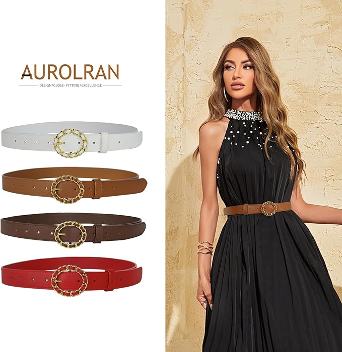 Women's Fashion Classic Metal Buckle Leather Belt with Jeans Dress