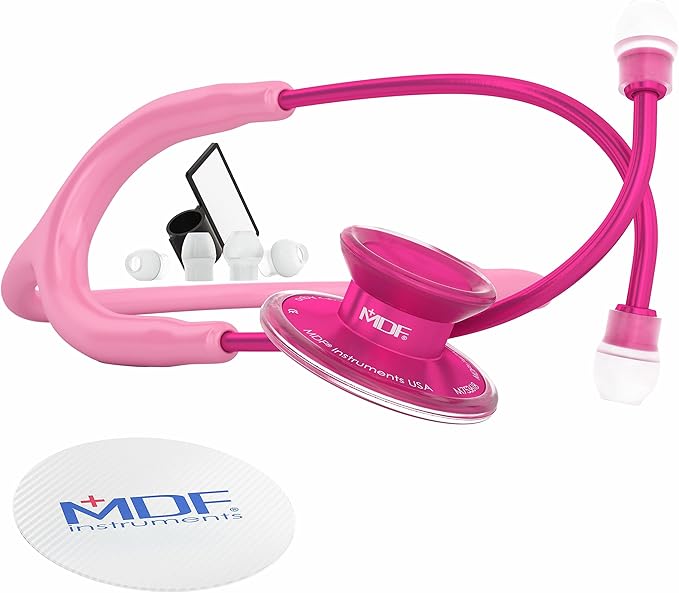 MDF Instruments, Acoustica Lightweight Stethoscope for Doctors, Nurses, Students, Home Health Use, Adult, Dual Head, Pink Tube, Pink Alloy Chestpiece-Headset, MDF747XPPA01