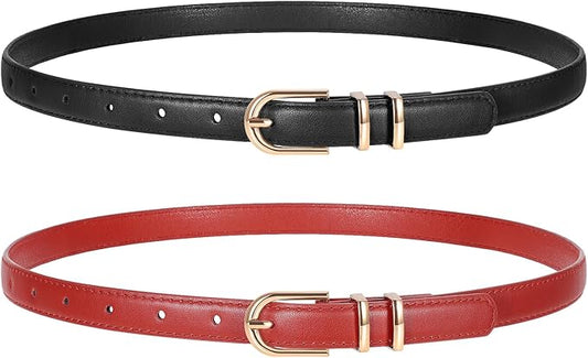 2 Pack Women Skinny Leather Belts for Jeans Pants Thin Faux Leather Belt with Gold Buckle