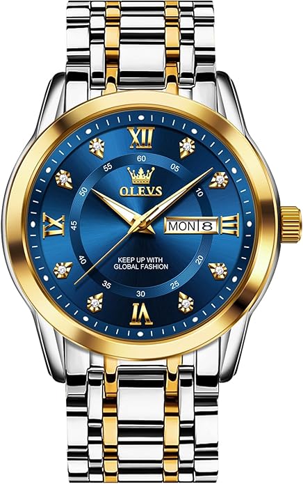 OLEVS Men's Stainless Steel Watch, Large Face Roman Numerals Diamond Accented Three-Hand Analog Quartz Watches for Men, Easy to Read Day Date Waterproof Luminous Mens Wristwatch