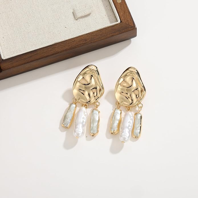 Statement Pearl Dangle Earrings,Gold and Large Pearl,Luxury Chandelier Organic Style Earrings