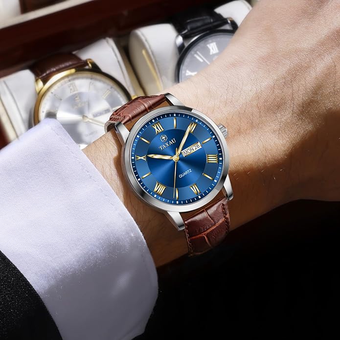Leather Band Mens Watches with Day Date Quartz Analog Large Face Classic Watch Roman Numerals Dress Luminous Rlojes para Hombres