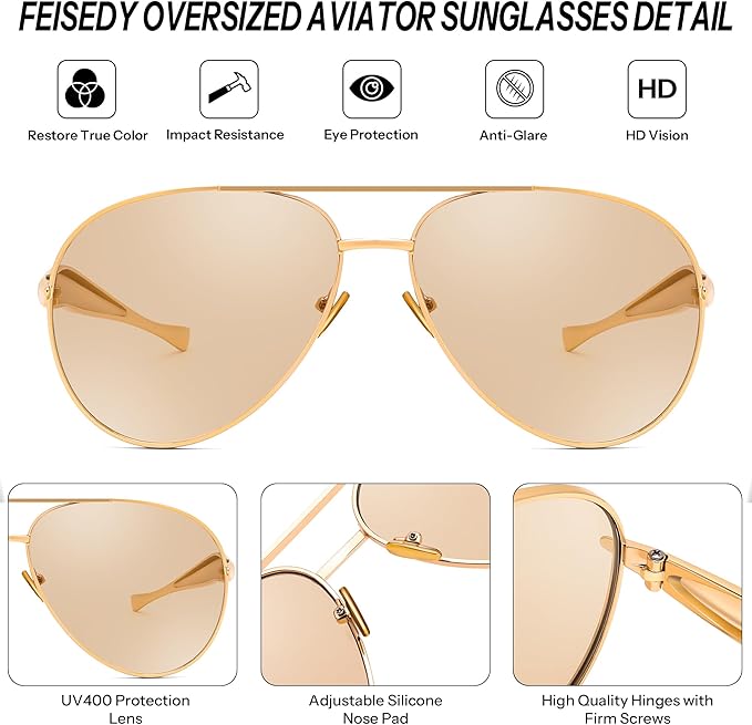 FEISEDY Oversized Aviator Sunglasses Women Men - Retro Gold Metal Chunky Frame, UV400 for Driving & Daily Wear B0311