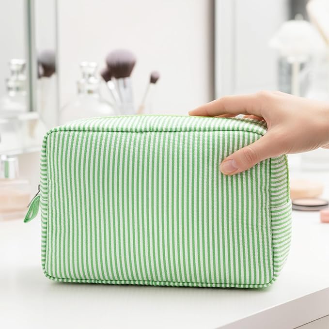 Sanwuta 3 Pcs Seersucker Cosmetic Bag Seersucker Makeup Bag Women Stripe Large Travel Toiletry Organizer Preppy Storage Pouch for Embroidery Christmas Bridesmaid Gifts(Pink, Blue, Green)