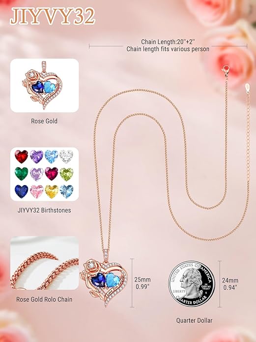 Rose Heart Necklaces for Women, Rose Gold Forever Love Jewelry with 2 Birthstones Pendant, Christmas Anniversarry Birthday Gifts for Her Wife Mom Grandma, 18+2 Inch Chain