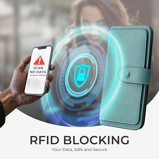 RFID Blocking Leather Wallet for Women, Slim Trifold with 14 Card Slots and Zipper Pocket (Purist Blue)
