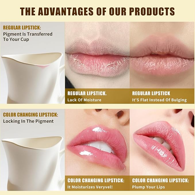 Color Changing Lipstick, Transferproof Gold Crystal Ph Lipstick Color Changing, Clear Lip stick That Changes Color, Nourishing Long Lasting 24 Hours Moisturizing Shine Lip Gloss for Women