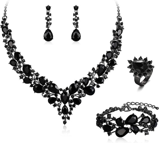 BriLove Wedding Bridal Jewelery for Women Austrian Crystal Teardrop Cluster Statement Necklace Dangle Earrings Link Bracelet Set