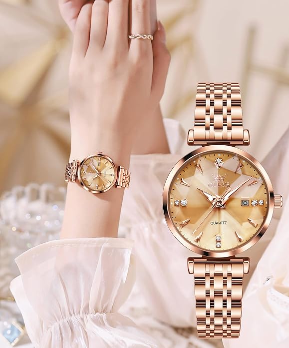 OLEVS Women Watches Simple Dress Ladies Watch Rose Gold Stainless Steel Watch Waterproof Quartz Date Luxury Diamond Small Wristwatch Fashion Analog Female Reloj Mujer Blue White Green Red Yellow Face