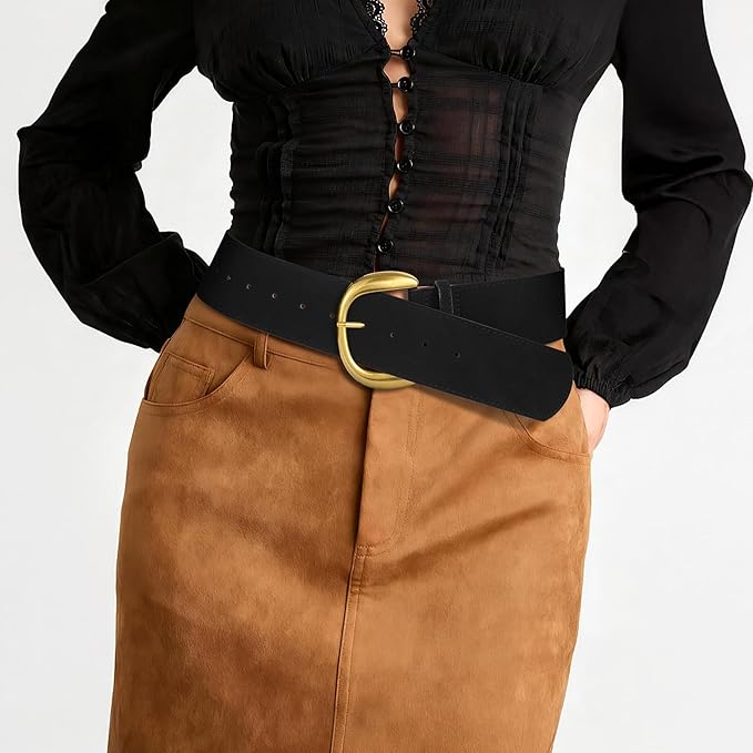 SANSTHS Women Wide Suede Belt for Dresses Jeans Fashion Thick Leather Waist Belts Ladies Chunky Belts