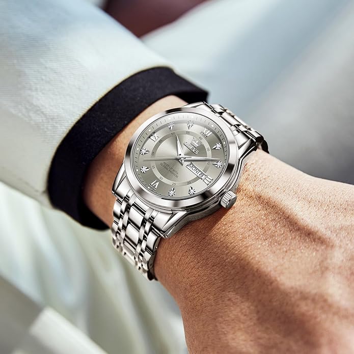 OLEVS Men's Stainless Steel Watch, Large Face Roman Numerals Diamond Accented Three-Hand Analog Quartz Watches for Men, Easy to Read Day Date Waterproof Luminous Mens Wristwatch
