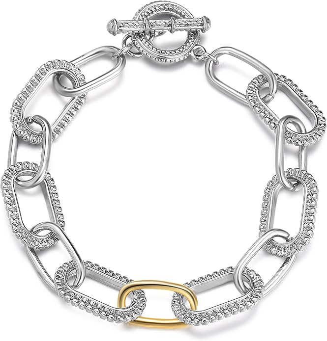 Mytys Link Bracelet for Women Gold and Silver 2 tone Circles Chain Wire Bangle Bracelets