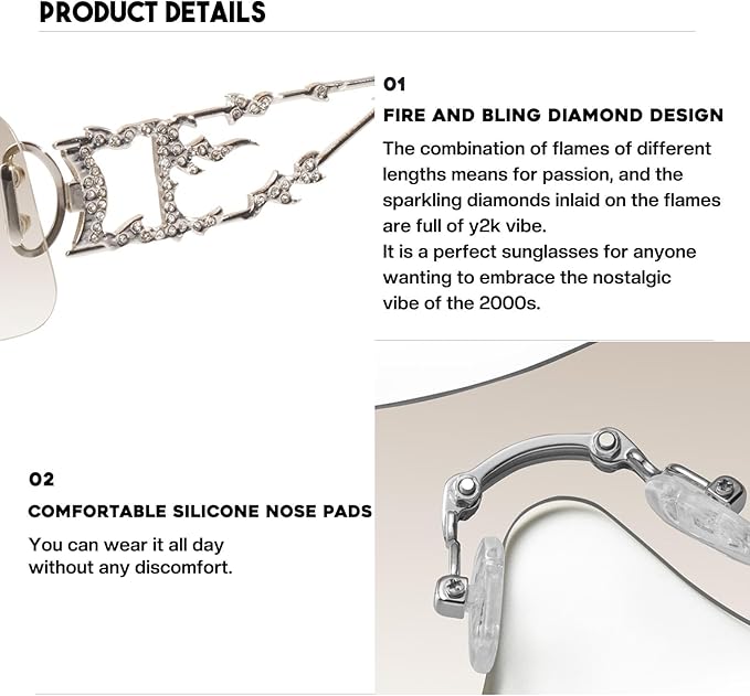 mosanana Y2K Rhinestone Flame Rectangle Sunglasses for Women with Bling Glitter MS52350