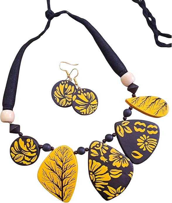 Handmade Terracotta Necklace & Earrings Set – Boho Statement Jewelry with Yellow Floral Design – Eco-Friendly Ethnic Jewelry Gift for Women & Festivals