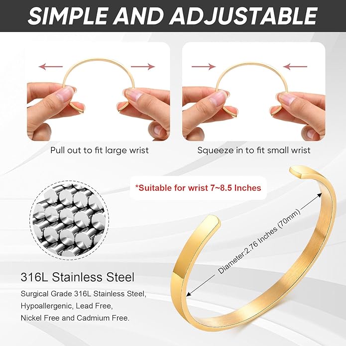 MEALGUET Stainless Steel Mens Cuff Bracelet : Minimal Cool Silver/Black/Gold Plated Open Metal Cuff Bangle Bracelets for Men,Mens Bracelet Jewelry Gift