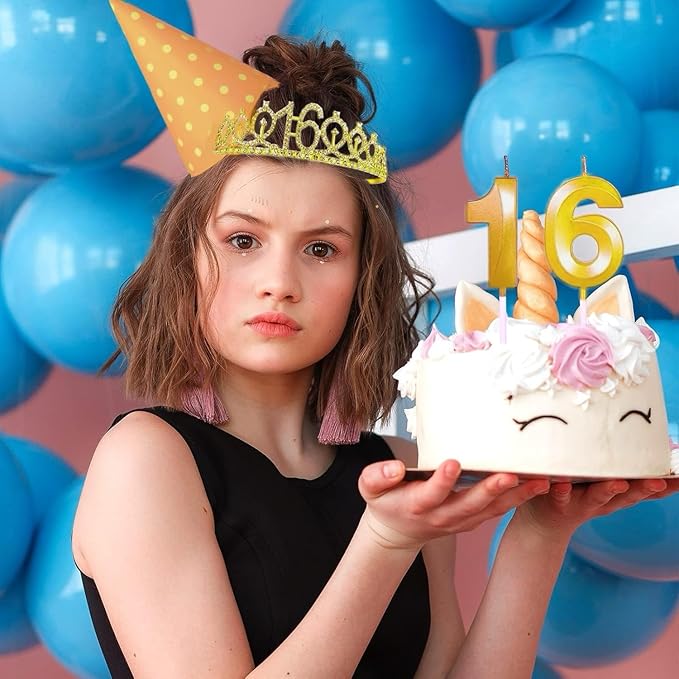 16th Birthday Decorations for Her Girls Set, Include 16th Birthday Crown and 16 Sash, 16th Birthday Cake Topper and 16 Birthday Candles, Gold 16 Balloons, Women 16th Party Supplies(Gold)