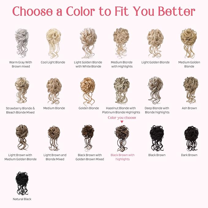 HOOJIH 2PCS Messy Bun Hair Piece, Tousled Updo with Tendrils and Wavy Curly Hair Wrap Ponytail Hairpieces for Women - HB010 Dasiy - Black Brown with highlights