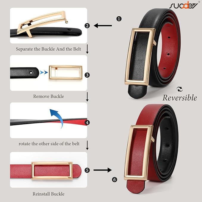 SUOSDEY Women Reversible Leather Belts for Jeans Pants Dresses Ladies Fashion Belts with Gold Buckle, 0.9" Width