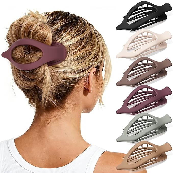 6 PCS Large Flat Hair Clips for Women Girls, French Concord Lay Down Claw Clips for Thick Thin Hair, Comfortable Curved Flat Clips, Matte Non-slip Strong Hold Hair Accessories, Chic Colors