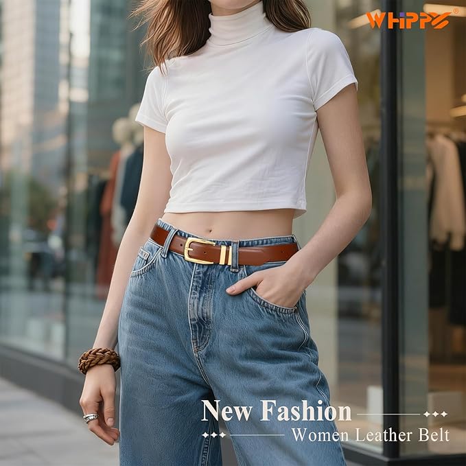 WHIPPY Women's Leather Belts for Jeans Pants Fashion Ladies Belt Gold Buckle Belts for Women