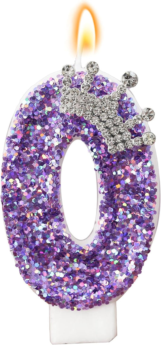 Birthday Number Candles,Purple Crown Birthday Candles for Cake,Glitter Number 0 Candle Cake Topper with Sequins for Anniversary Celebrations Supplies (Number 0)