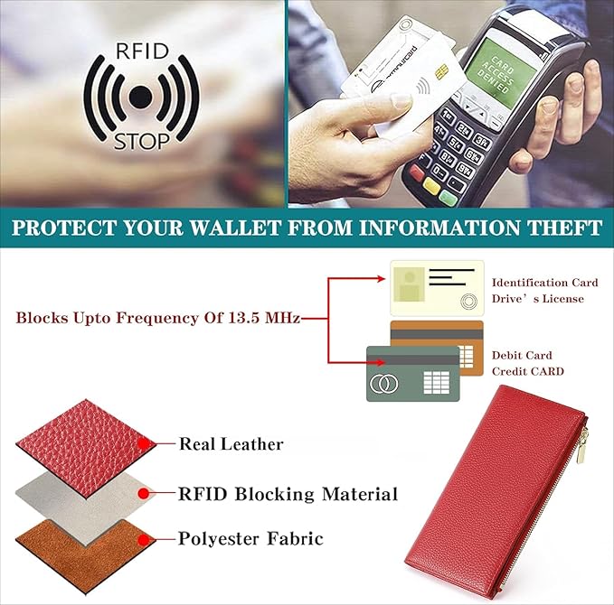 Slim Blue Wallet for Women, RFID Blocking Genuine Leather Bifold with Secure Zippered Coin Pocket (Red)