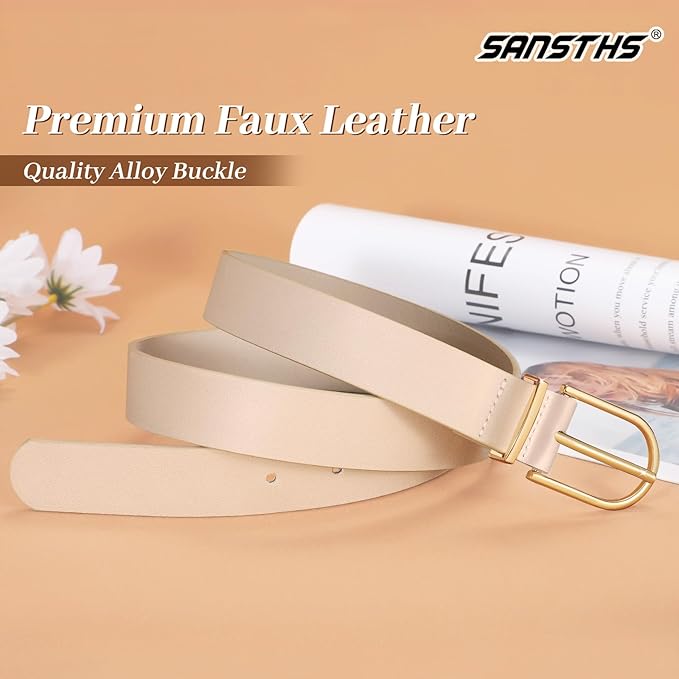 SANSTHS Women Faux Leather Chic Belts for Jeans Pants Fashion Ladies Belt Solid Color with Gold Curved Pin Buckle